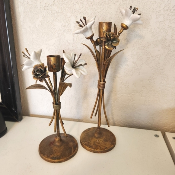 Vintage Brass & Porcelain Hollywood Regency Ceramic Candlestick Holder Set - Picture 2 of 7